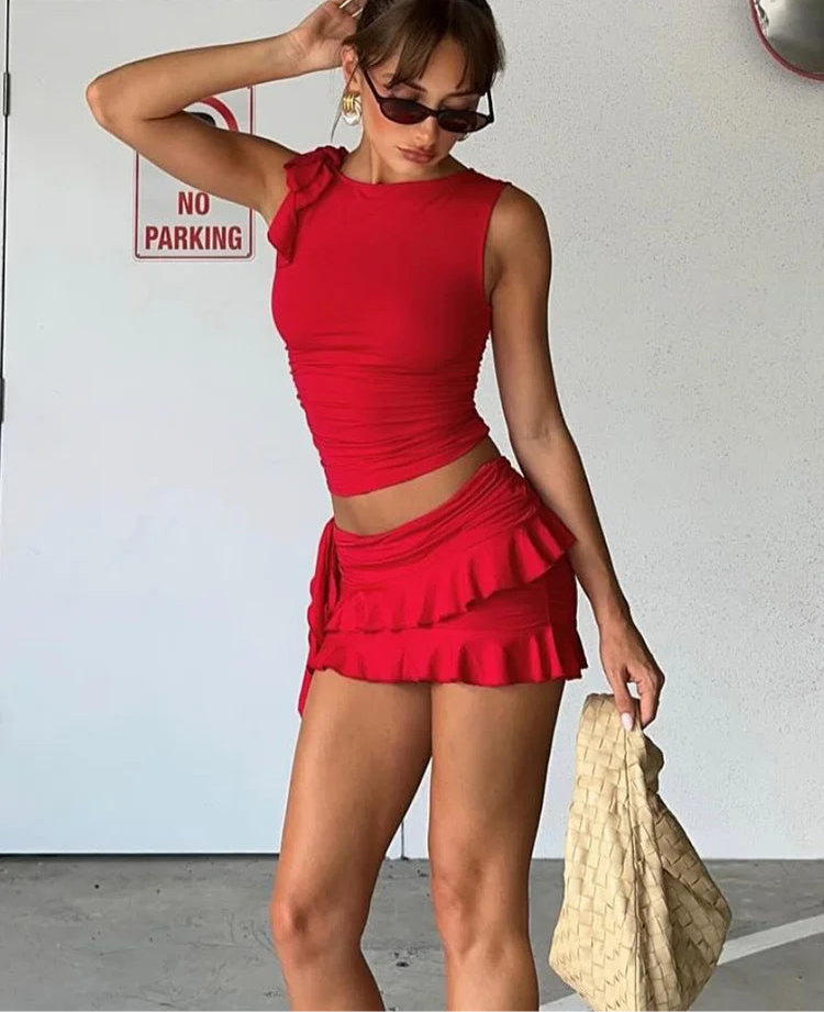 Red Lace-up Two Piece Frill Skirt Set