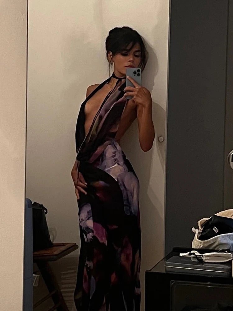 Backless Maxi Purple Print Dress