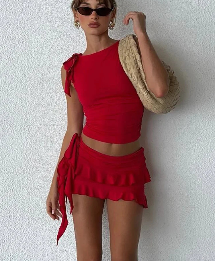 Red Lace-up Two Piece Frill Skirt Set