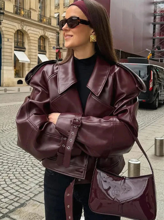 Red Wine Elegant Women Long Sleeve Leather Jacket