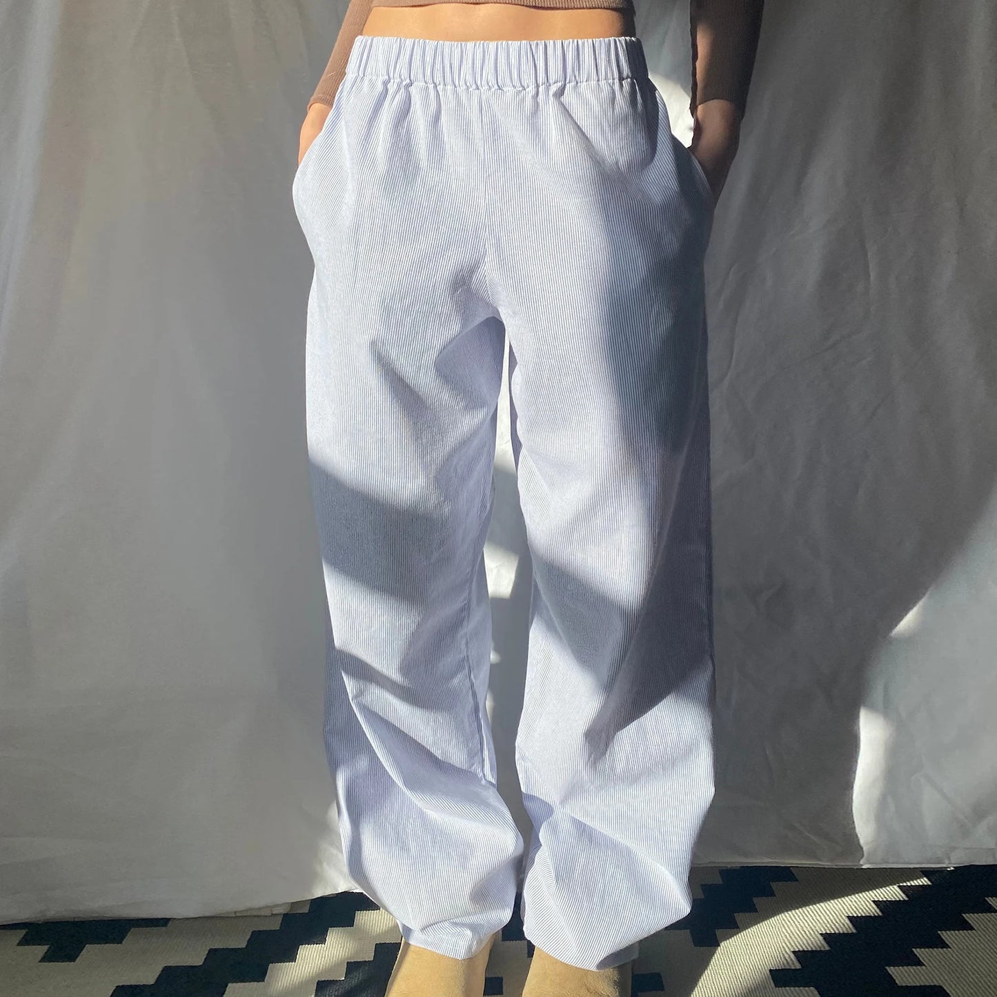 Casual Striped Drawstring Wide Leg Pants