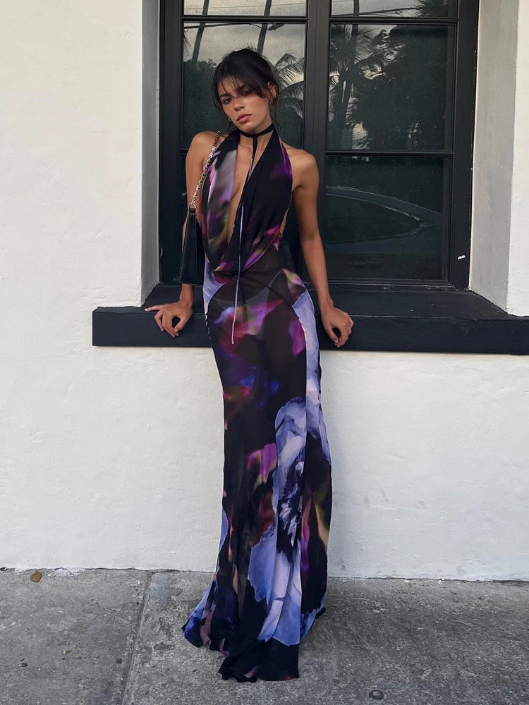 Backless Maxi Purple Print Dress