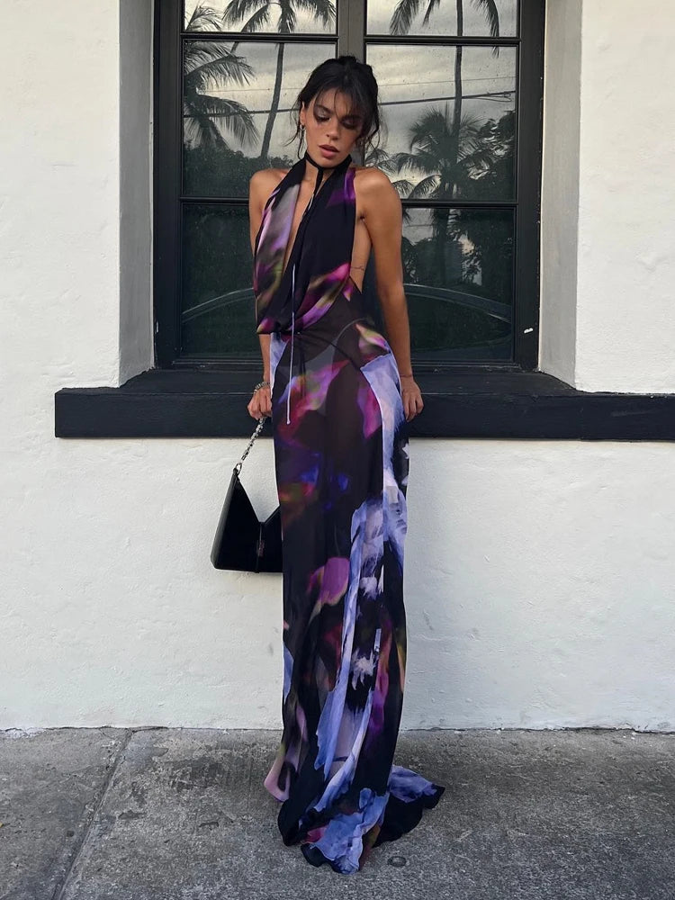 Backless Maxi Purple Print Dress