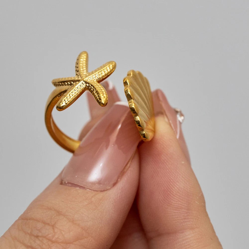 Summer Beach Starfish Shell Open Ring