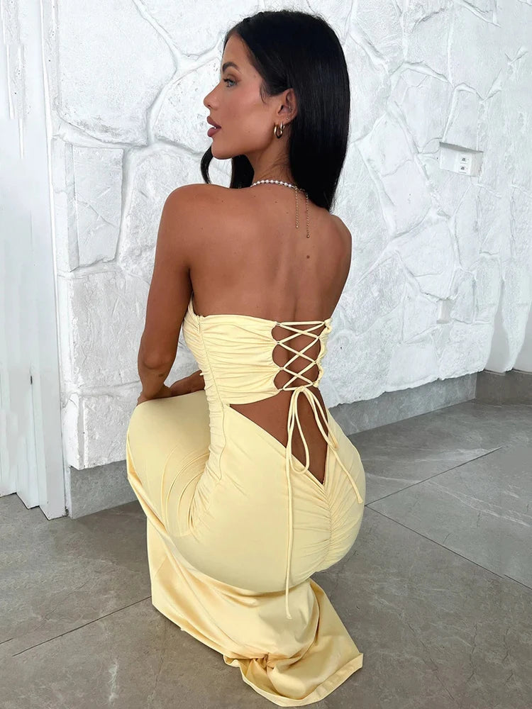 Strapless Lace-up Maxi Dress